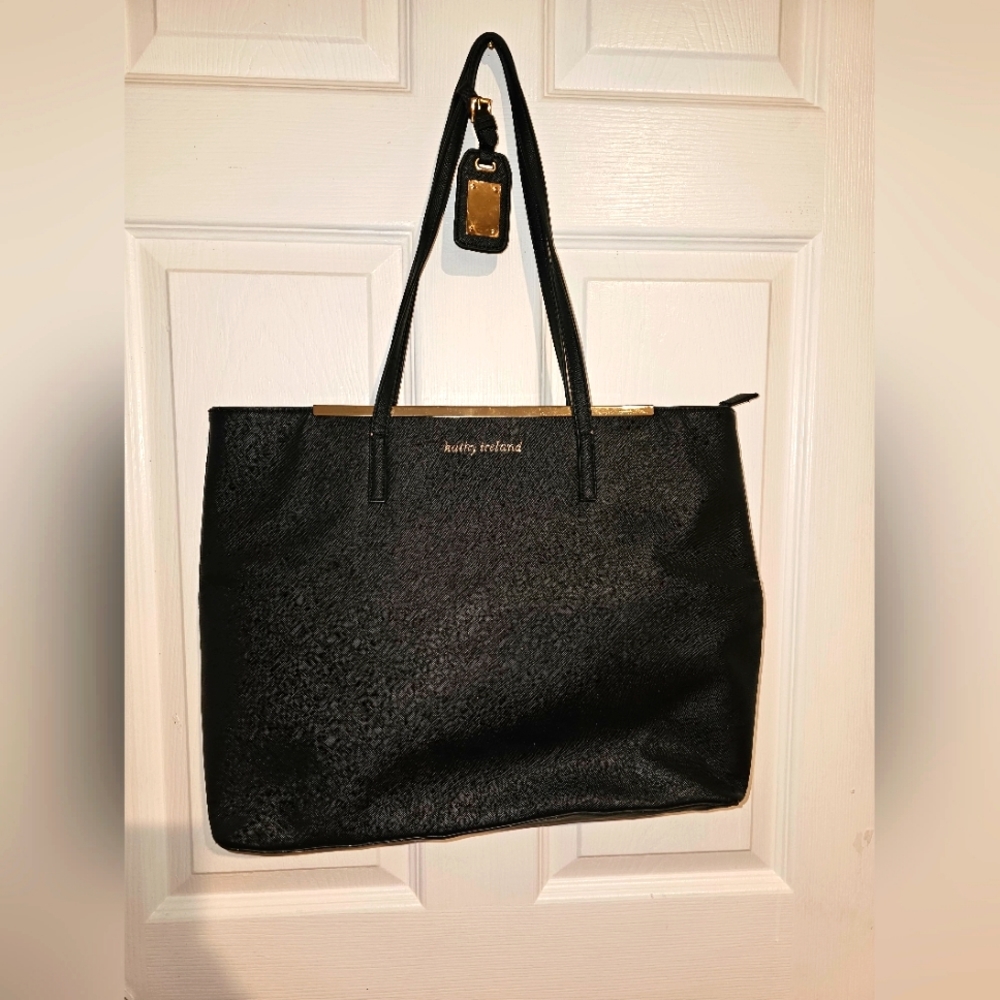 Vintage Kathy Ireland Leather Shoulder Bag, Black with Gold Hardware